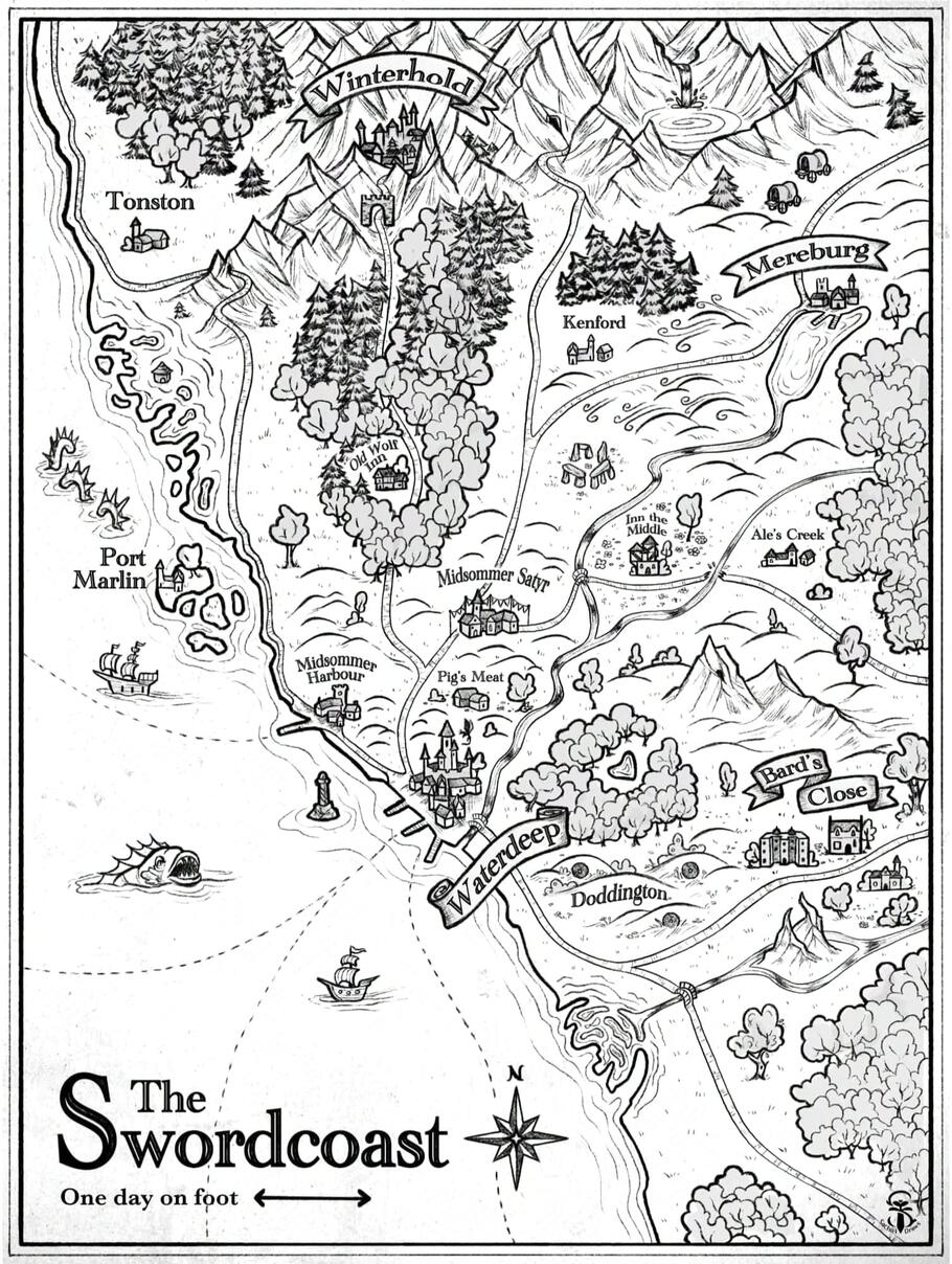 Black and white DnD map of the Swordcoast. It is slightly altered to fit a specific homebrew campaign. Has many towns on it, other points of interest, and a few ships and sea monsters.