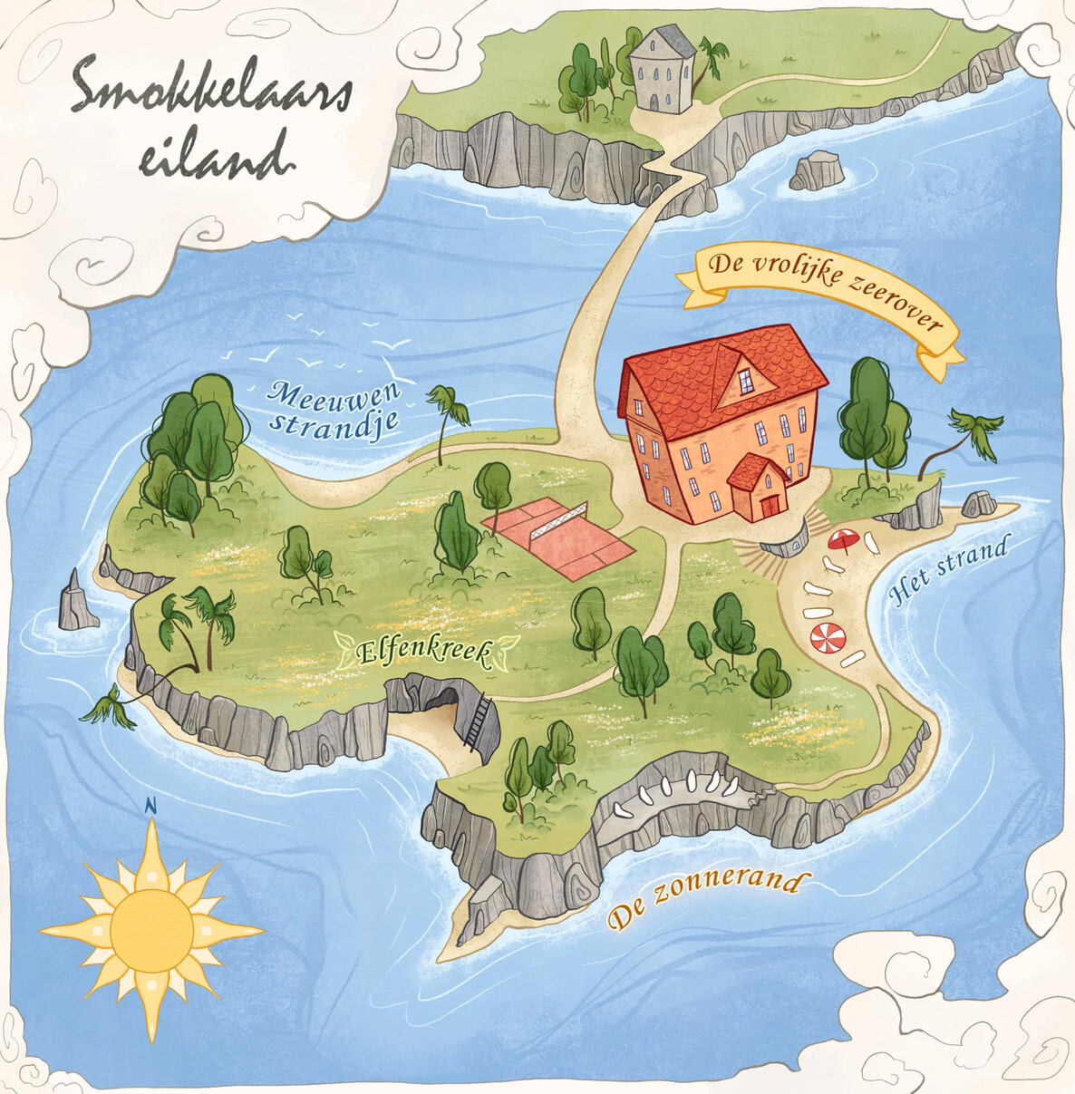 Coloured map of an island, Smugglers Cove. It has a big hotel on it, several beaches, a cave and a tennis court. Inspired by the book Evil under the Sun by Agatha Cristie.