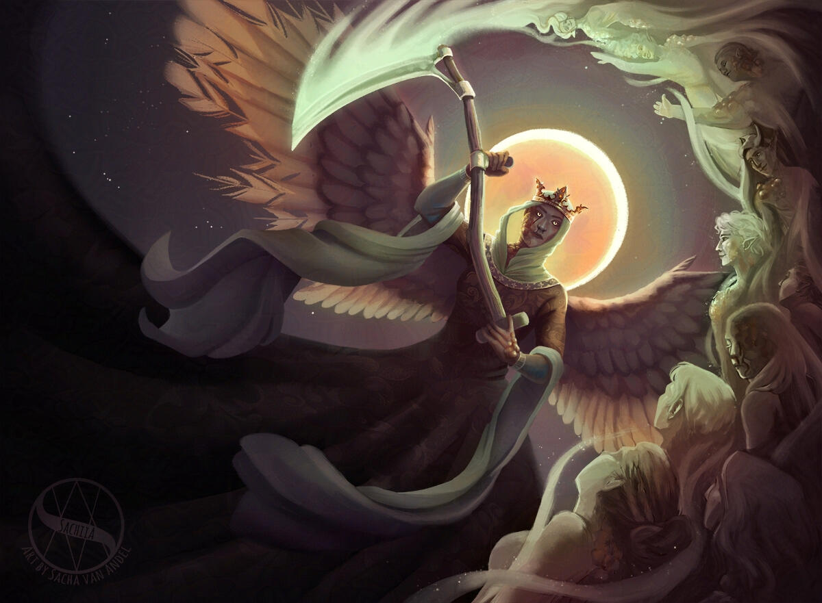 Illustration of an angel flying overhead with the moon behind her. She is dressed in a 14th century dress and crown and has damaged angel wings. She is reaping plague victims with a scythe while also afflicted by the plague herself. She looks regal and the