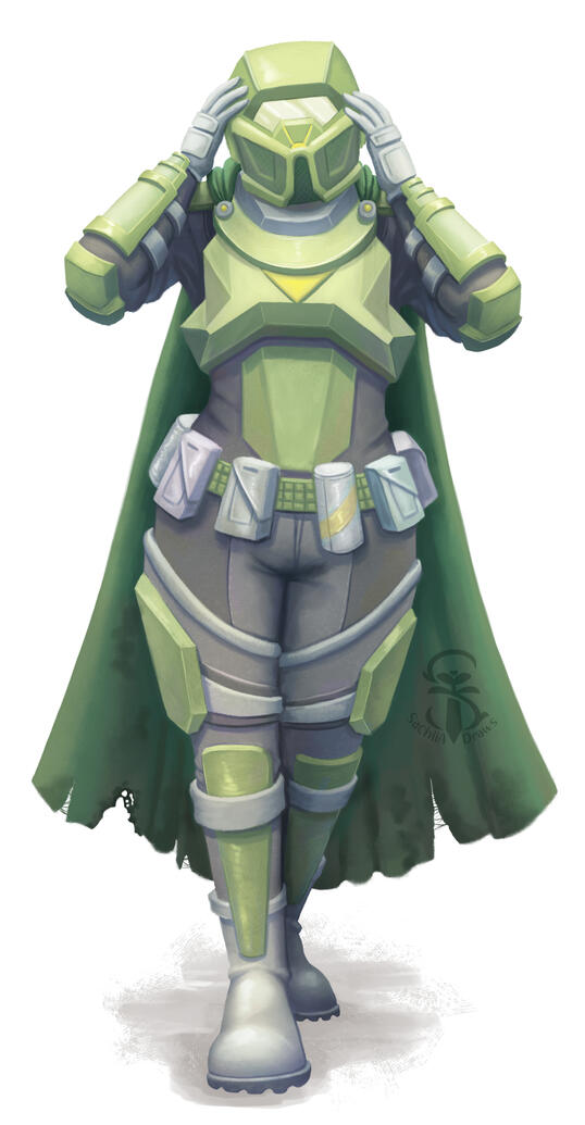 Fully rendered illustration of a sci-fi soldier wearing green plated armour, with a belt strapped around their waist. They are adjusting their helmet.