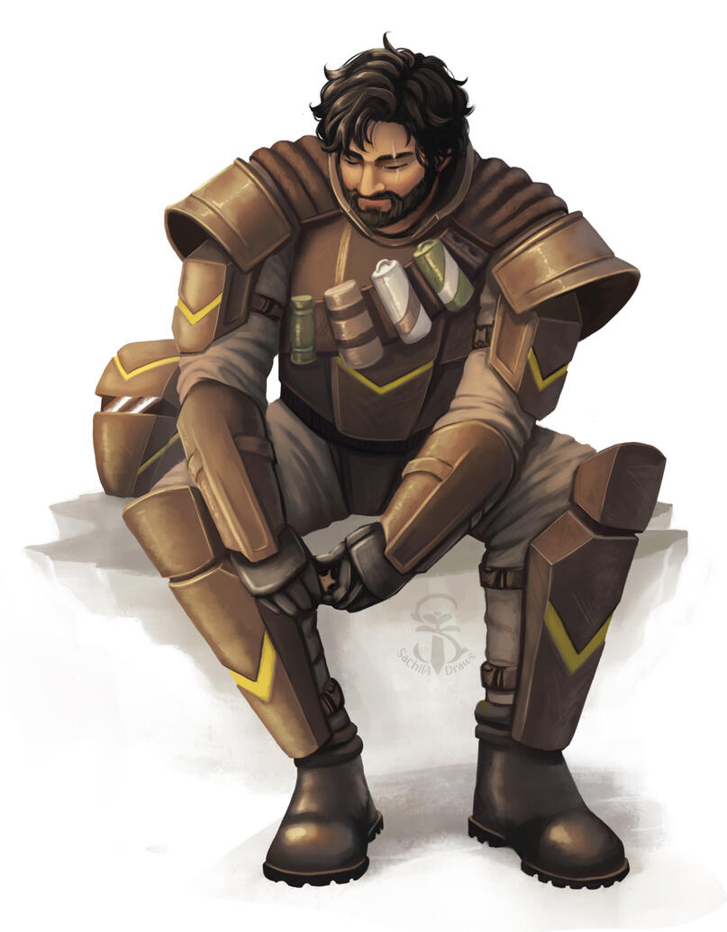 Fully rendered illustration of a sci-fi soldier wearing brown plated armour, with a belt strapped across his breastplate. He is tying a strap on his leg and sitting on a rock while doing that. His helmet sits besides him on the rock. He has a scar over his