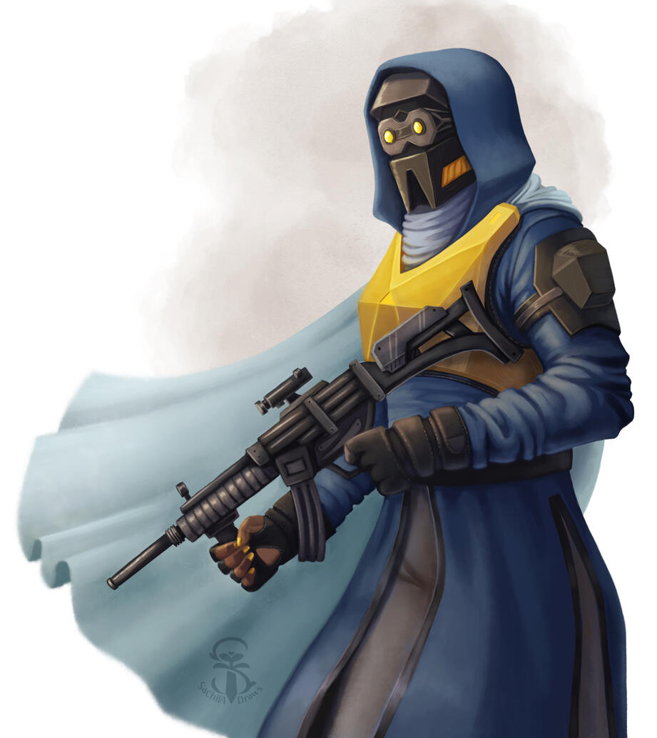 Fully rendered illustration of a sci-fi soldier wearing a full face mask and a blue hood. They have a bright yellow facetted breastplate and hold a gun. Their blue cape is billowing inthe wind behind them and you can see their bright yellow nailpolish.