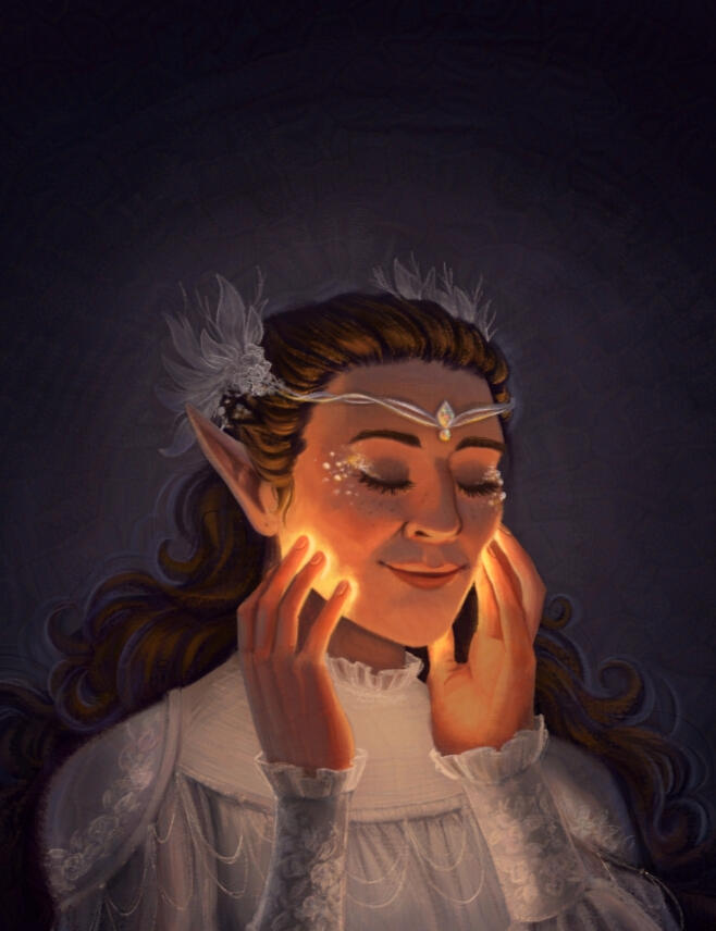An illustration of an elf, wearing a delicate white lace shirt and a delicate tiara. She is touching her fingertips to her cheeks where it glows, smiling softly with her eyes closed.