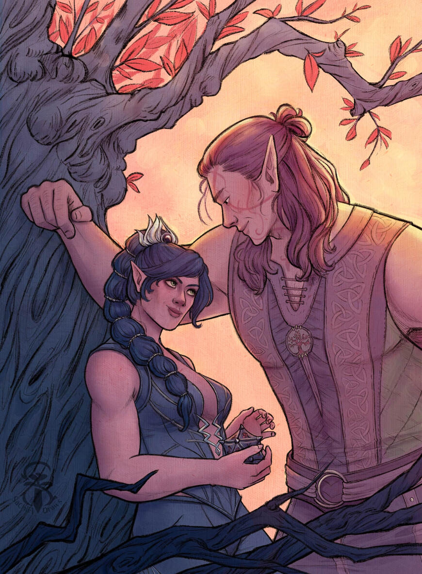 Illustration of Shadowheart and Halsin in a kabedon pose where she leans against the tree and he has his arm above her, also leaning against the tree. It is a romantic setting and there is soft orange light coming in behind Halsin