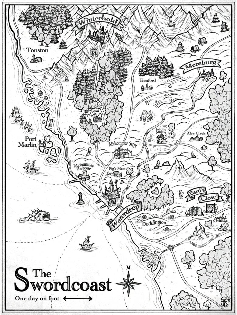 Black and white DnD map of the Swordcoast. It is slightly altered to fit a specific homebrew campaign. Has many towns on it, other points of interest, and a few ships and sea monsters.