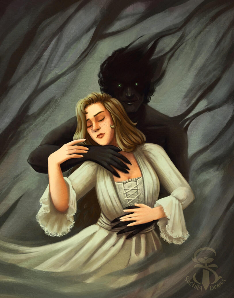 Illustration of The Invisible Life of Addie LaRue of Addie behind embraced by Luc from behind
