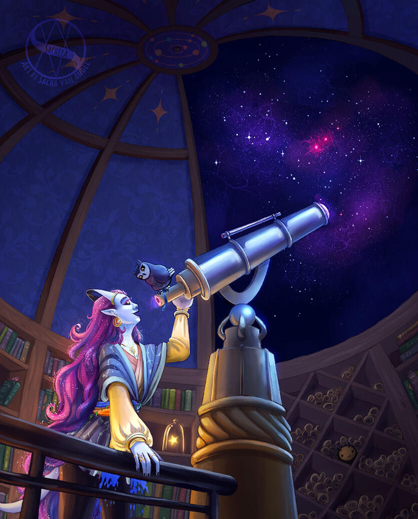Illustration of a light blue tiefling with flowing purple hair with stars and glitters in it. She is in an observatorium, using a big telescope to look up at the stars through the open ceiling. A little black owl sits on her telescope and looks at her.