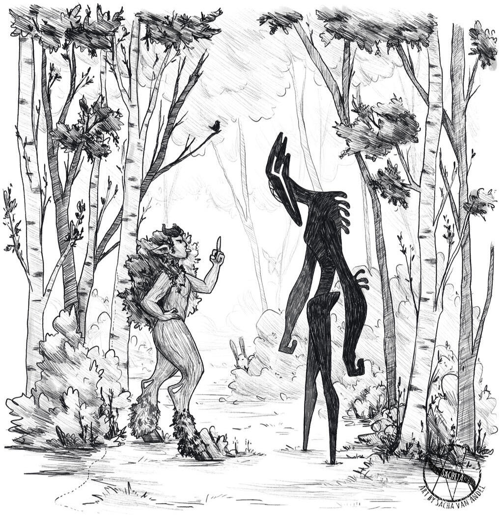 Black and white illustration of a forest creature in the forest, sticking her middle finger up to a big black monster.