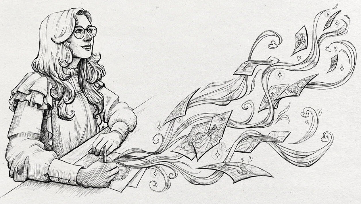 Black and white illustration of me, Sachiia Draws, as I sit at a desk and draw pictures. They magically swirl up. I wear a ruffled blouse and glasses.