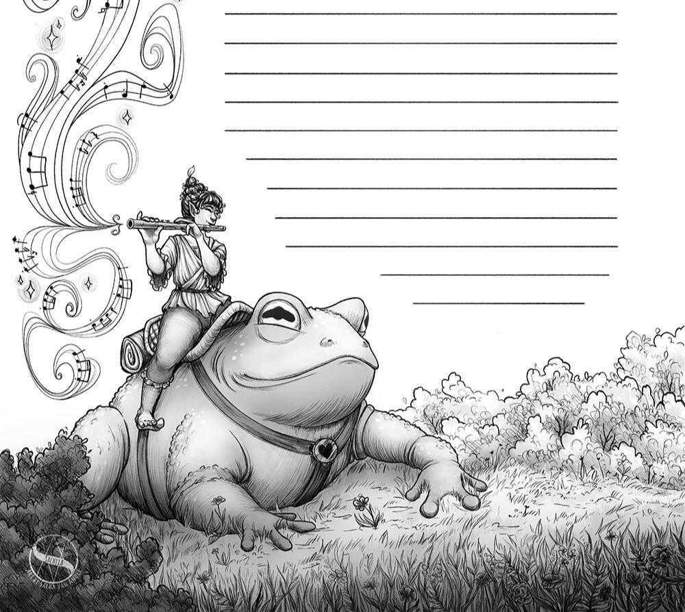 Black and white illustration of an elf riding a giant toad. She plays the flute and music notes swirl up. They walk on a forest path.