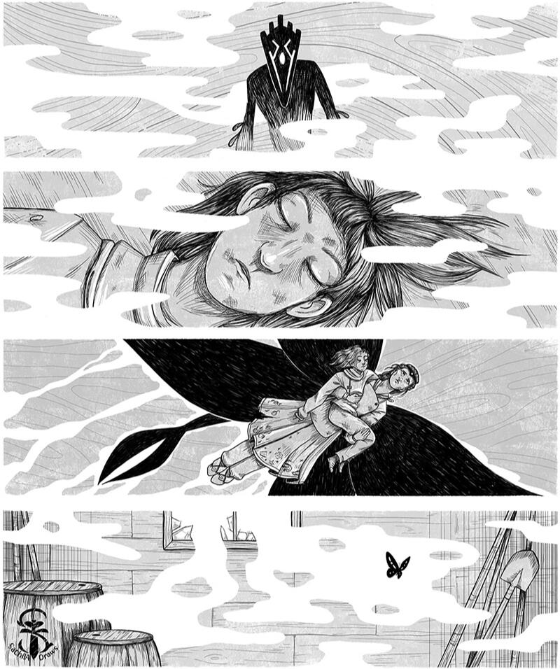 4 Black and white illustrations for a short story. A monster in the fog, a boy lying down, bruised. An angel with black wings flying overhead, carrying the boy. A shed with a broken window, fog coming in and a single black butterfly.