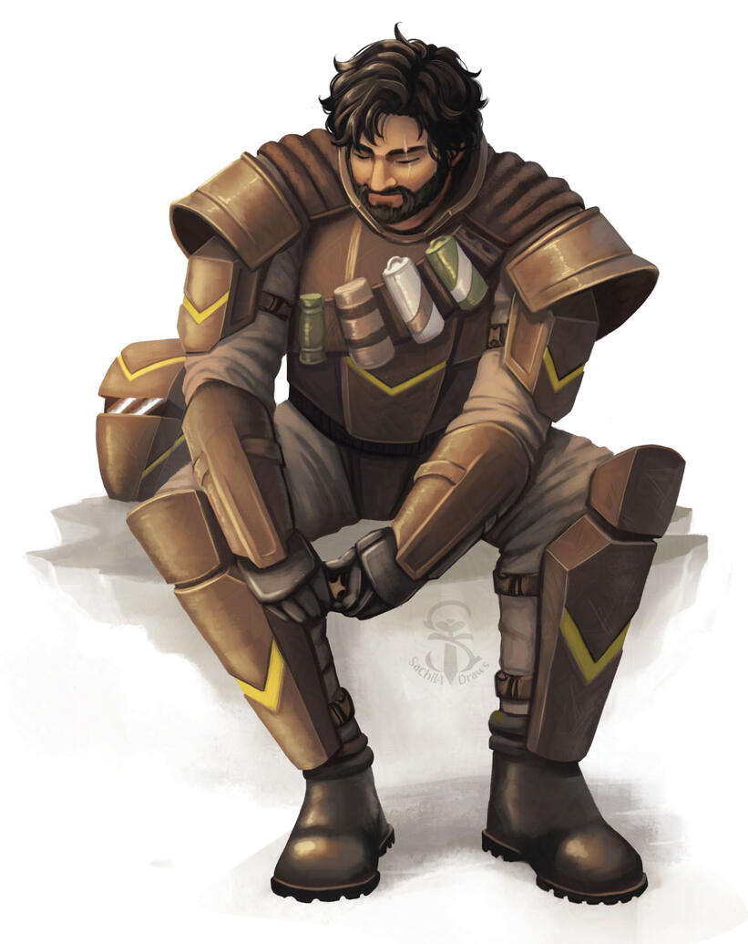 Fully rendered illustration of a sci-fi soldier wearing brown plated armour, with a belt strapped across his breastplate. He is tying a strap on his leg and sitting on a rock while doing that. His helmet sits besides him on the rock. He has a scar over his
