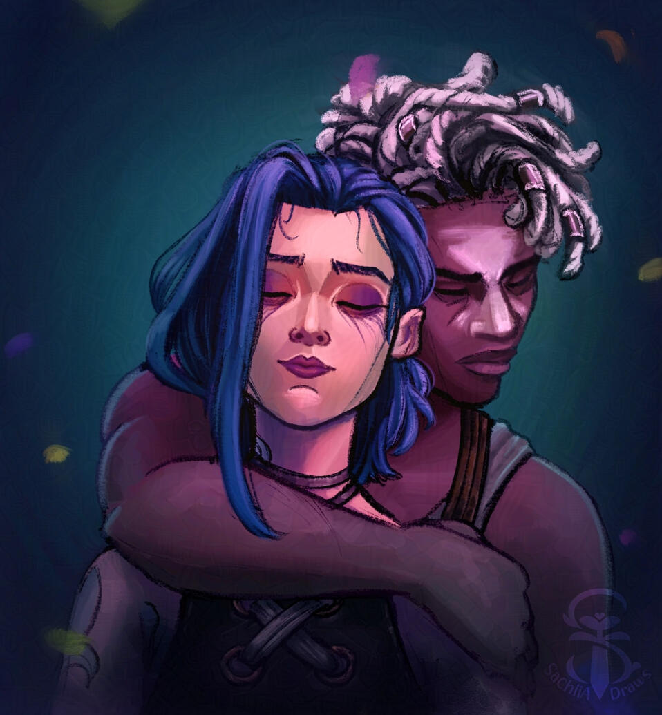 Illustration of Jinx and Ekko, with Ekko hugging Jinx from behind while she has a soft smile on her face.