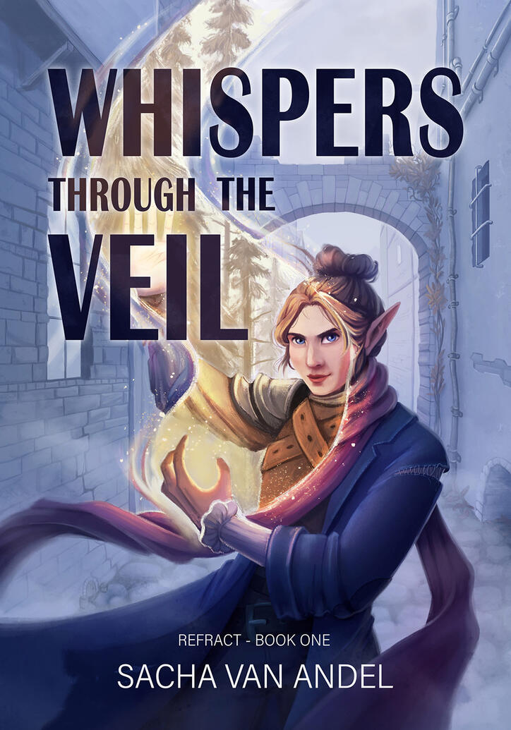Illustrated bookcover for Whispers Through the Veil. It shows a girl casting dimension magic. She is in a big tattered blue coat and has a red scarf. Her hair is in a bun and she is standing in an old dingy alleyway. In her magic portal you can see she is