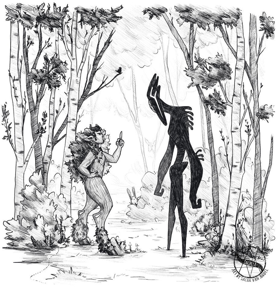 Black and white illustration of a forest creature in the forest, sticking her middle finger up to a big black monster.