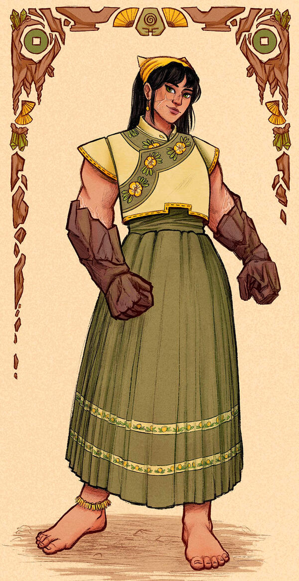 Character illustration of Shu Zhen, an earthbender from Ba Sing Se, from Avatar: the Last Airbender. She has rock gloves, is very muscled and of asian descent. Wears a skirt and a bright yellow bandana.