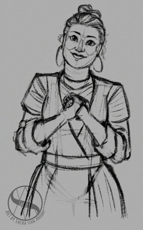 Digital sketch of a woman clutching her hands together, smiling widely with big hoop earrings